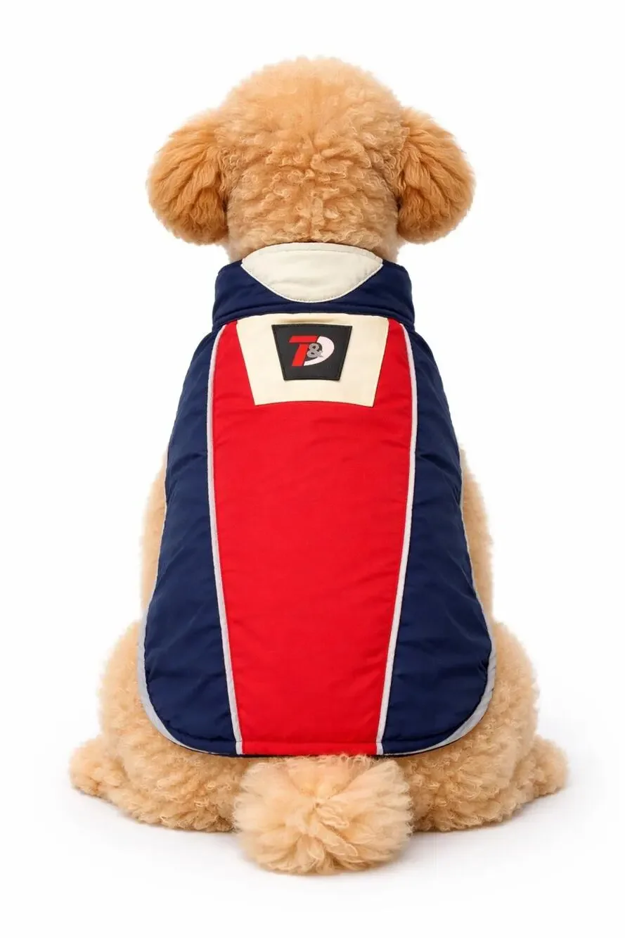 Tanner & Dash Dog Jacket Navy Red Cream Fleece Lined Button Front Pet Coat With
